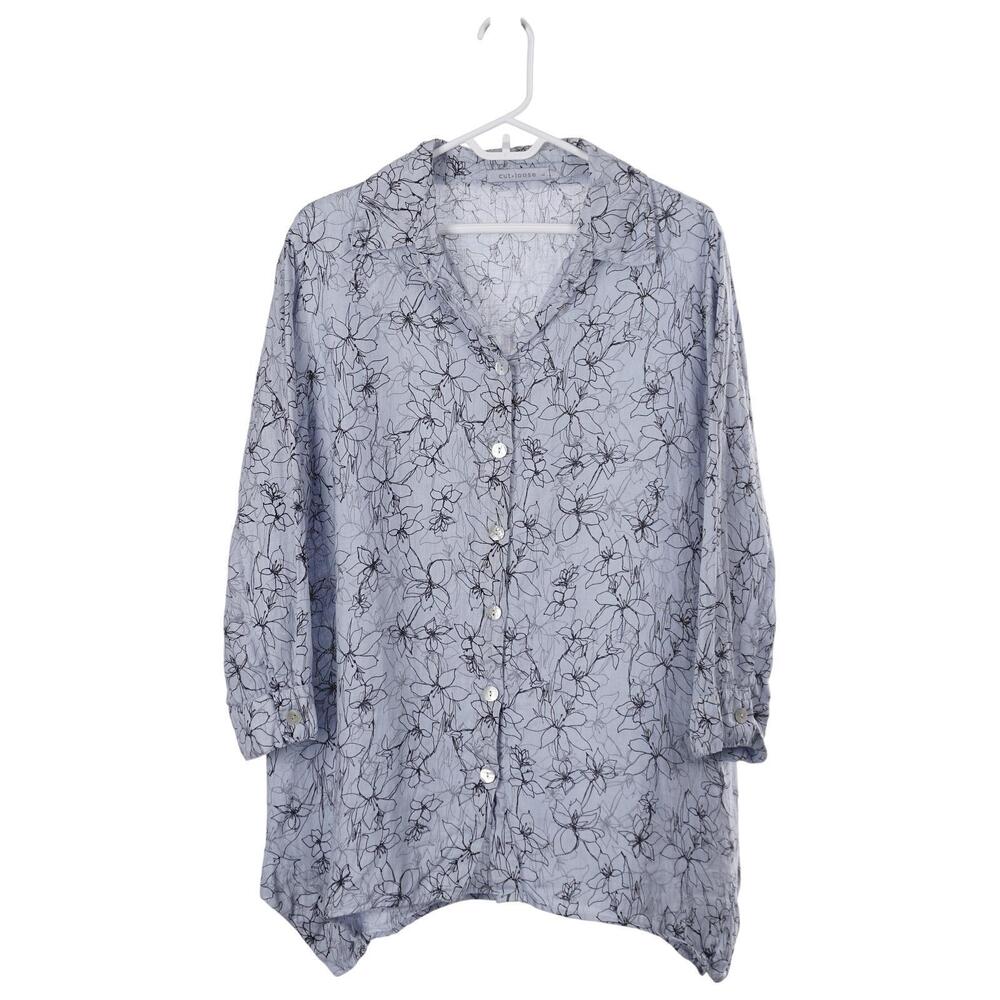 Cut Loose Tunic Top L Blue 100% Linen Floral Print Button Up Casual
